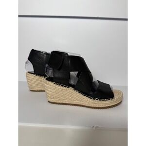 Eileen Fisher Black‎ Leather Espadrille Wedge Sandals Criss Cross Straps